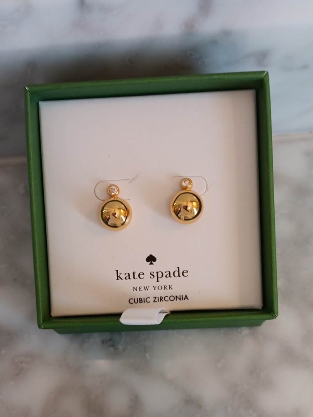 NWT Kate Spade Have a Ball Stud Gold Earrings with Cubic Zirconia with box
